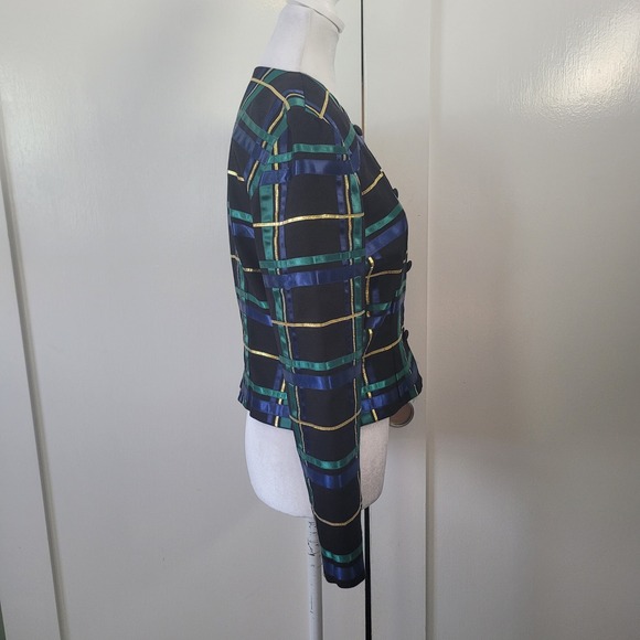Talbots Womens 6P Evening Jacket Black Green Blue Ribbon Plaid Metallic Gold - Picture 7 of 7